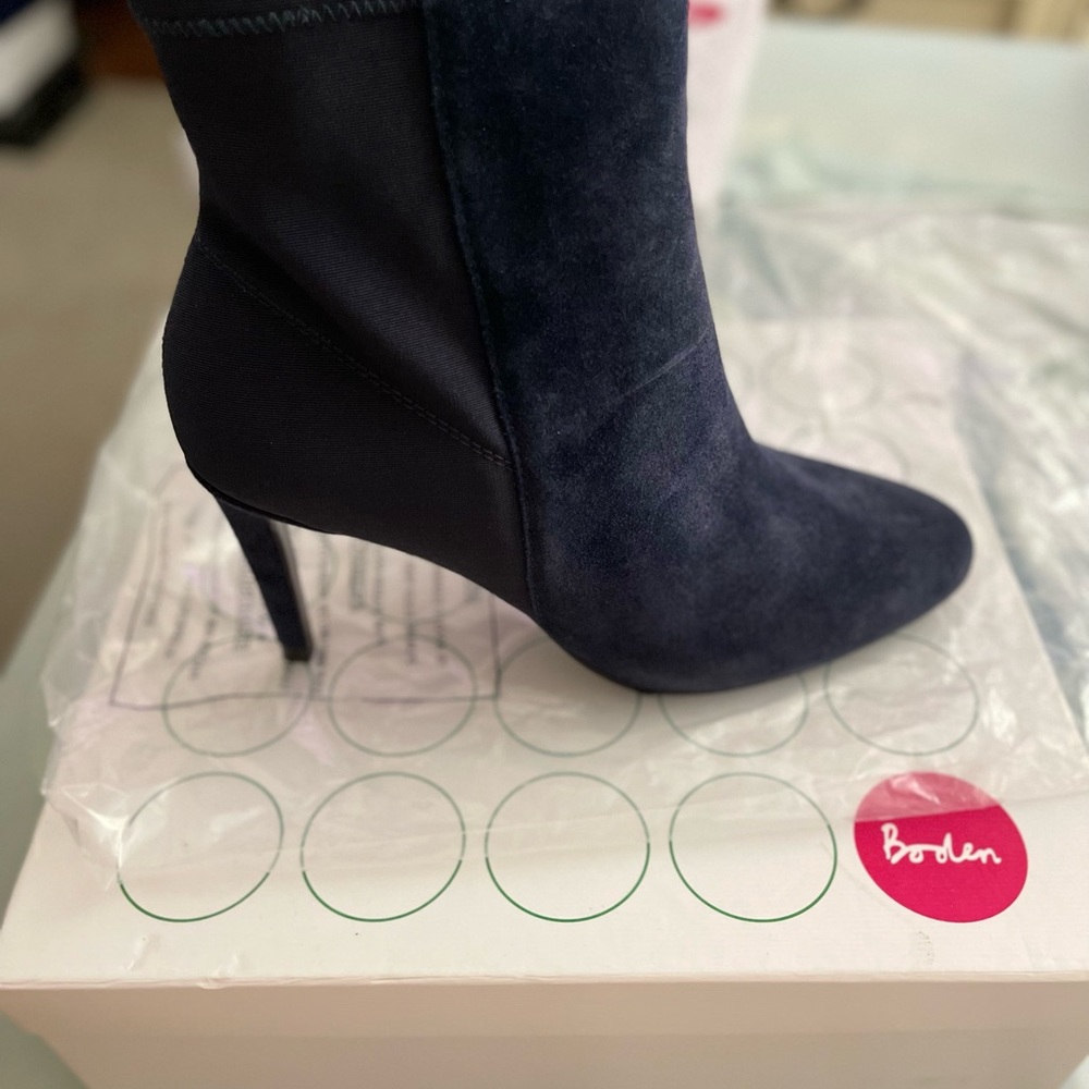Boden dark blue suede booties back side is stretch